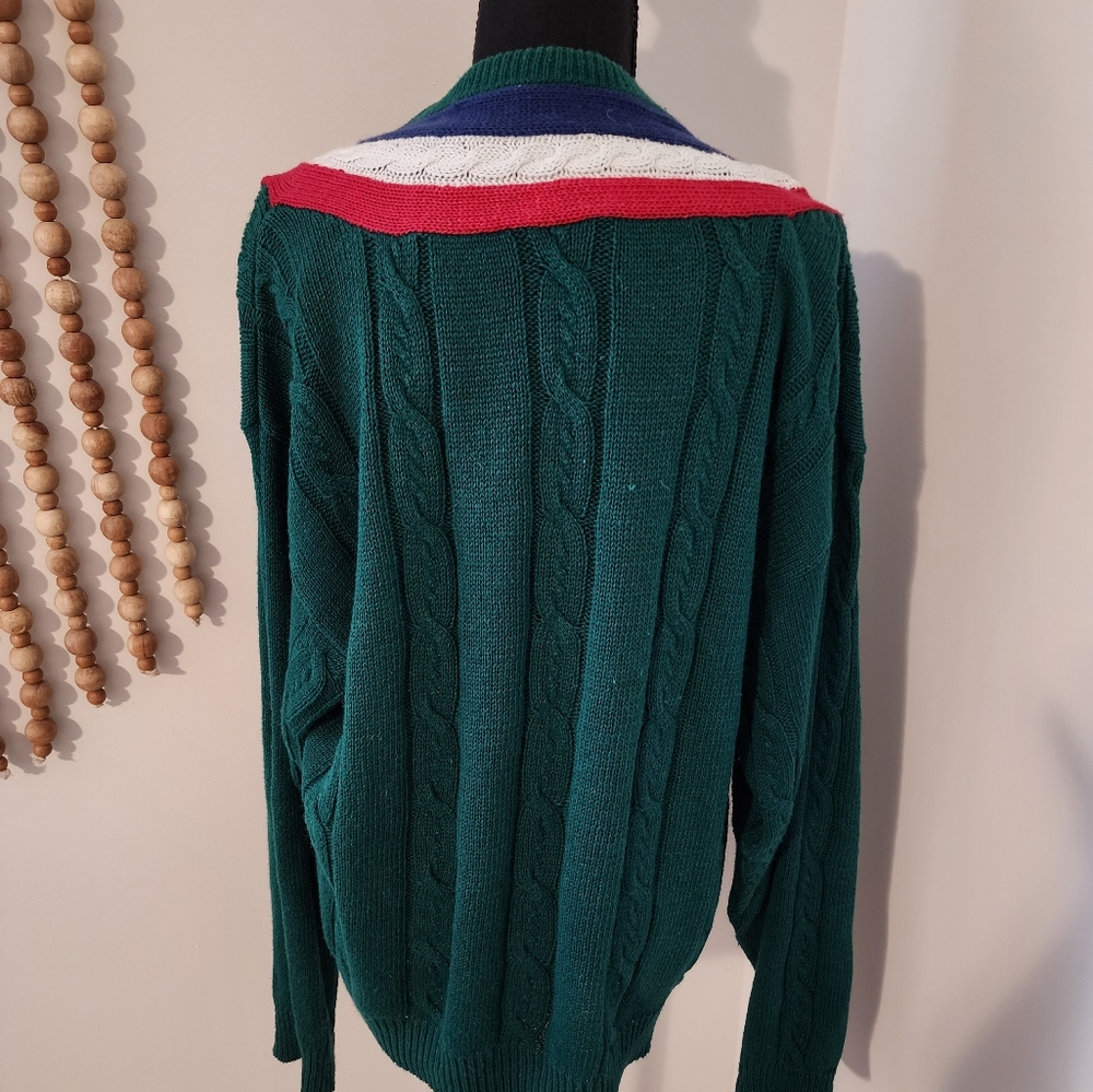 Vintage 90s Weekends Vneck Cableknit Sweater Mens L Cotton Blue Green Red White - Picture 4 of 8